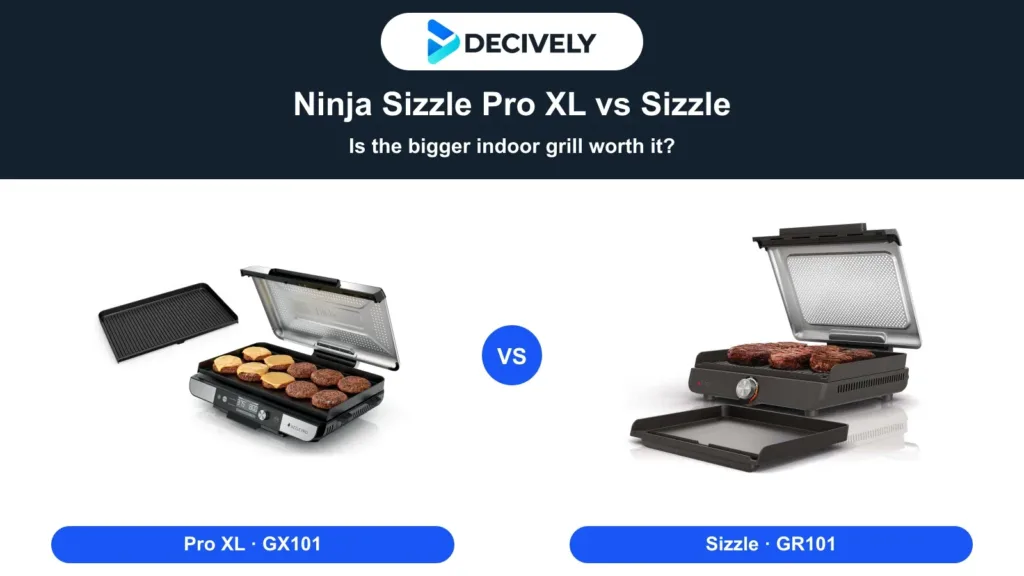 Ninja Sizzle Pro XL GX101 and original Sizzle GR101 indoor grills with the official Decively logo