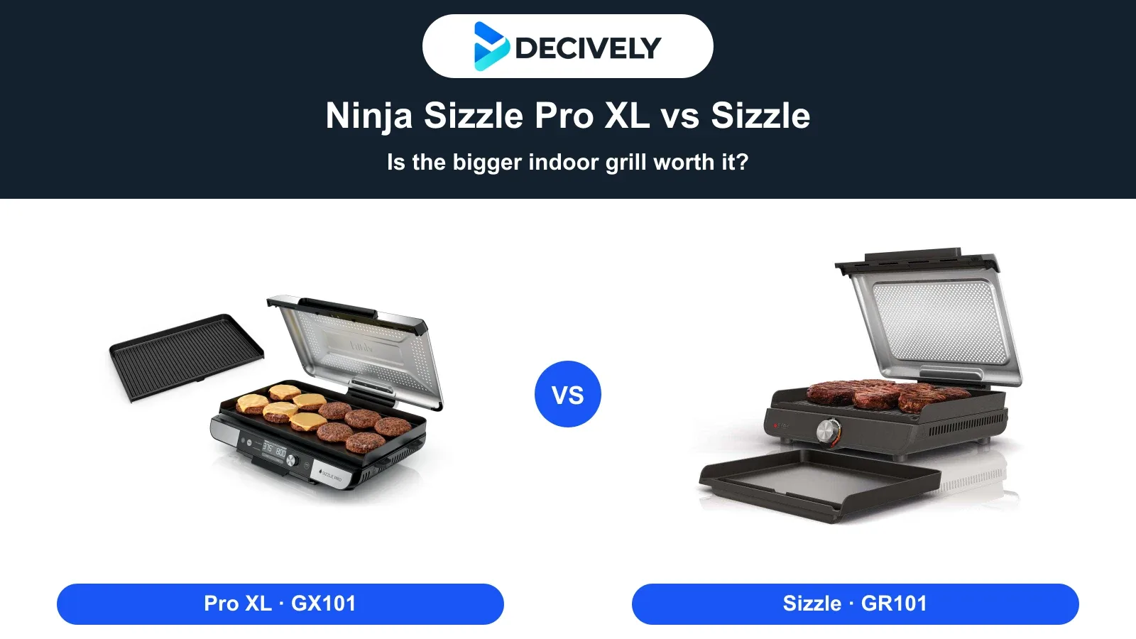 Ninja Sizzle Pro XL GX101 and original Sizzle GR101 indoor grills with the official Decively logo