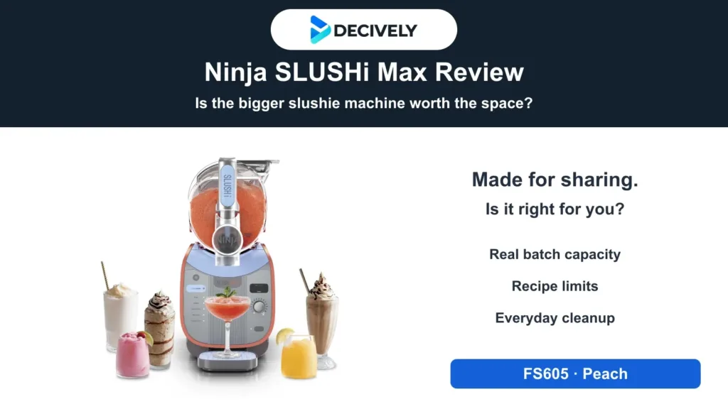 Ninja SLUSHi Max FS605 Peach frozen drink maker with the approved Decively logo
