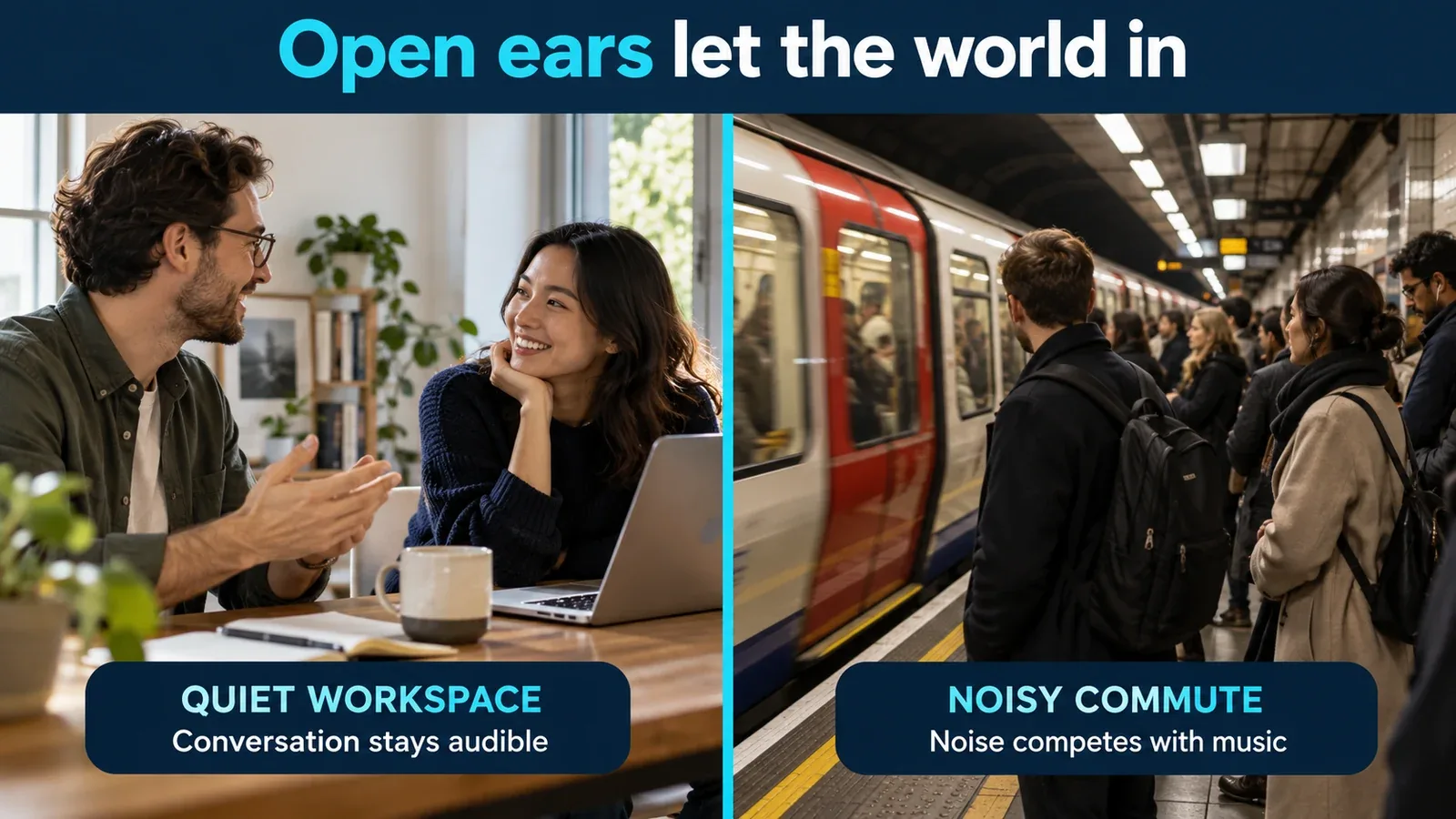 Illustration contrasting conversation in a quiet workspace with the noise of a busy train platform