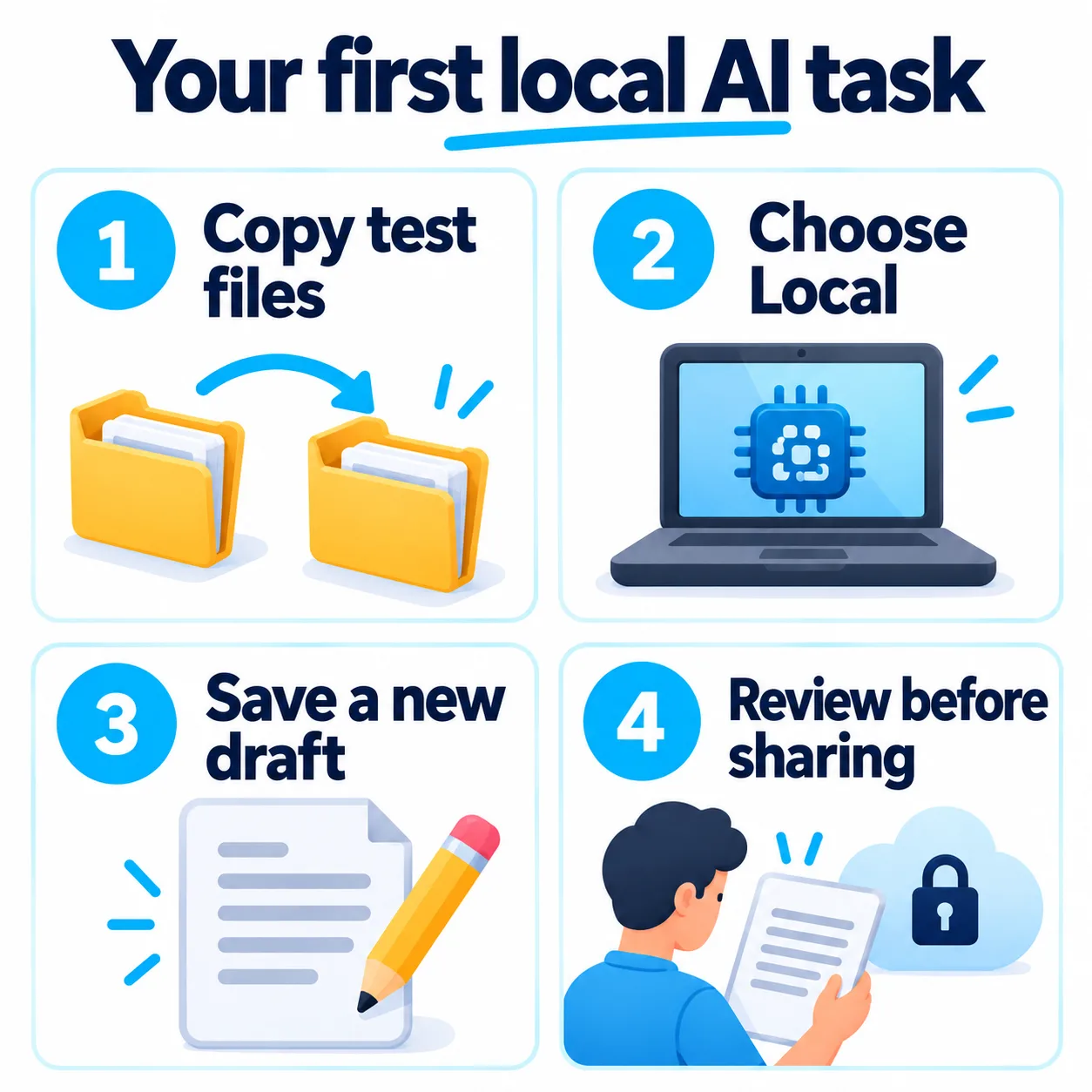 Four steps for a controlled local AI task: copy test files, choose Local, save a new draft and review before sharing.