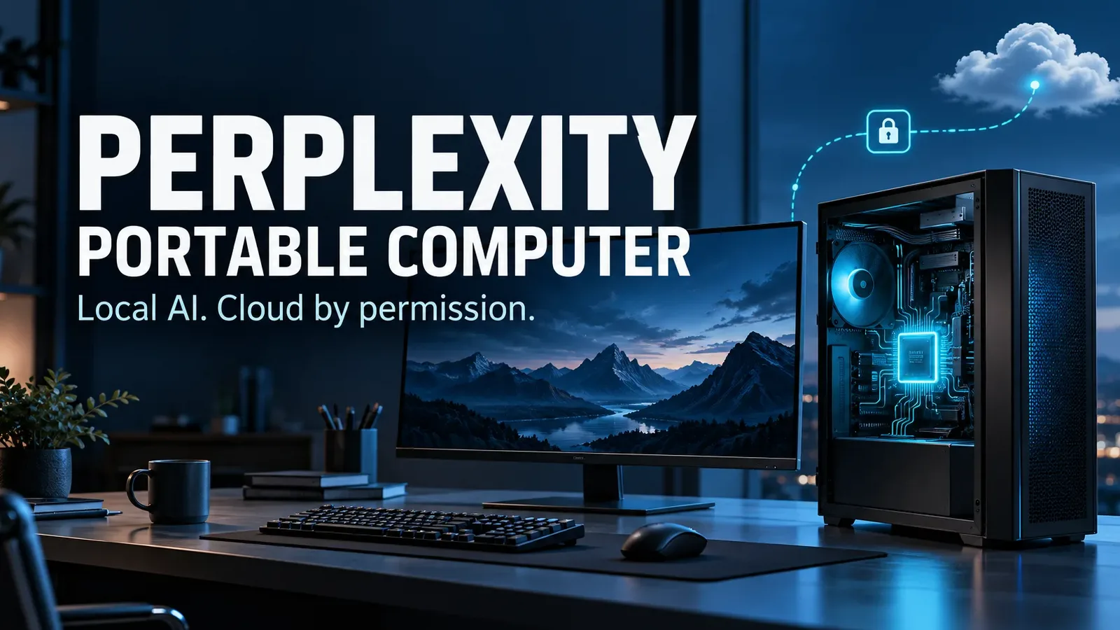 Perplexity Portable Computer cover: a desktop PC with local AI and optional cloud help by permission.