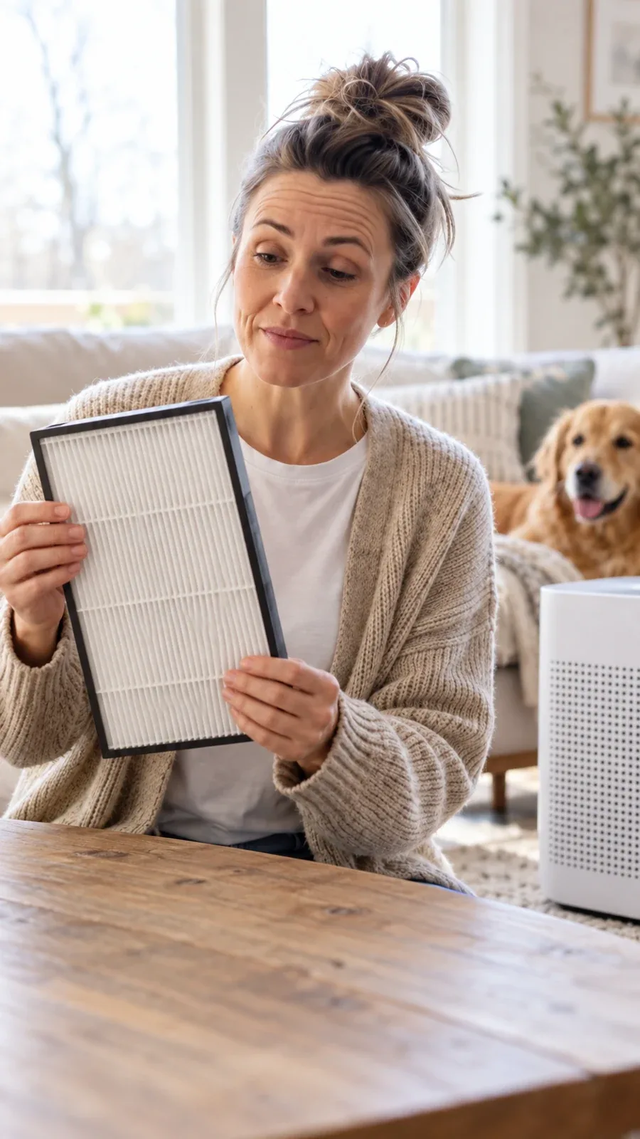 Person inspecting a pleated air-purifier filter beside a dog