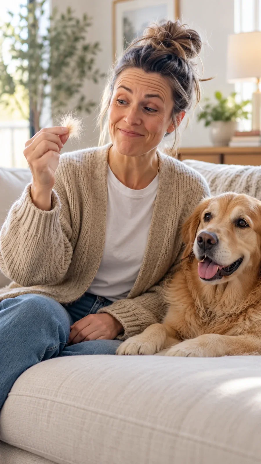 Person holding loose dog fur while sitting beside a dog on a sofa