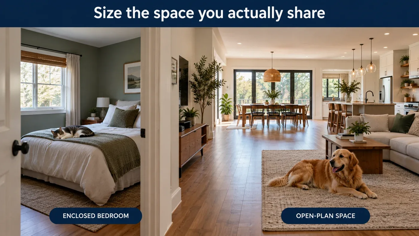 Realistic illustration comparing a bedroom with a cat and a larger open-plan living and dining room with a dog