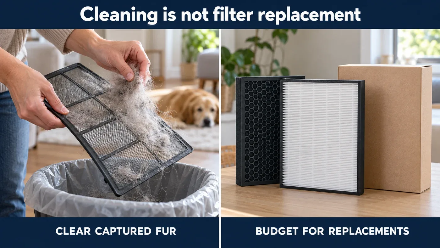 Realistic illustration of clearing pet fur from a generic mesh pre-filter beside generic replacement particle and carbon filters