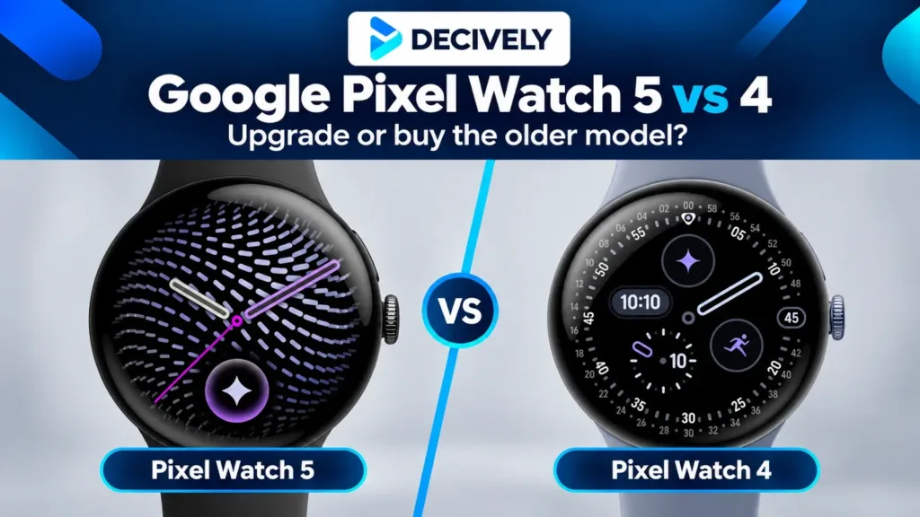 Google Pixel Watch 5 Obsidian beside Pixel Watch 4 Moonstone with the Decively logo