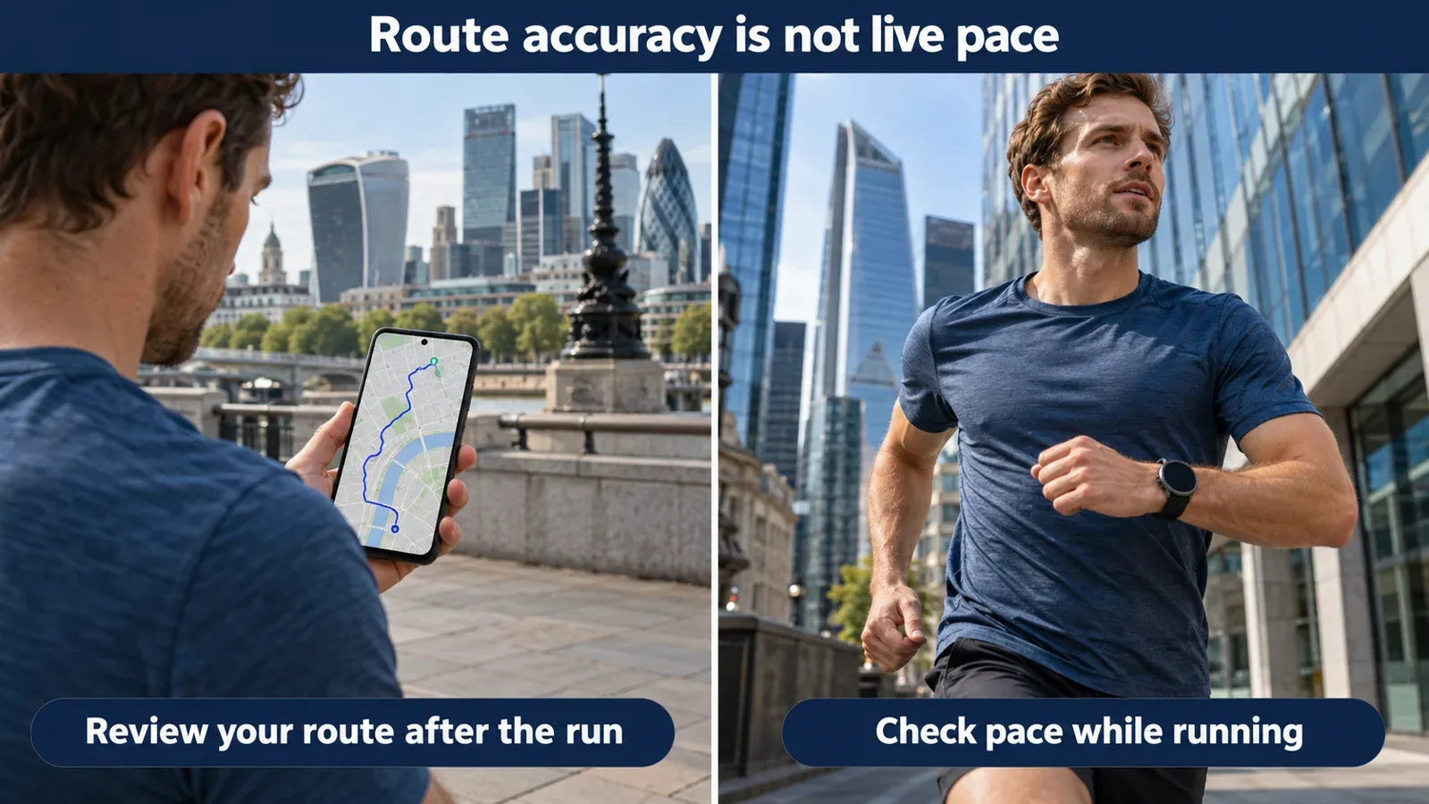 Illustration comparing reviewing a recorded running route with checking live pace among tall buildings