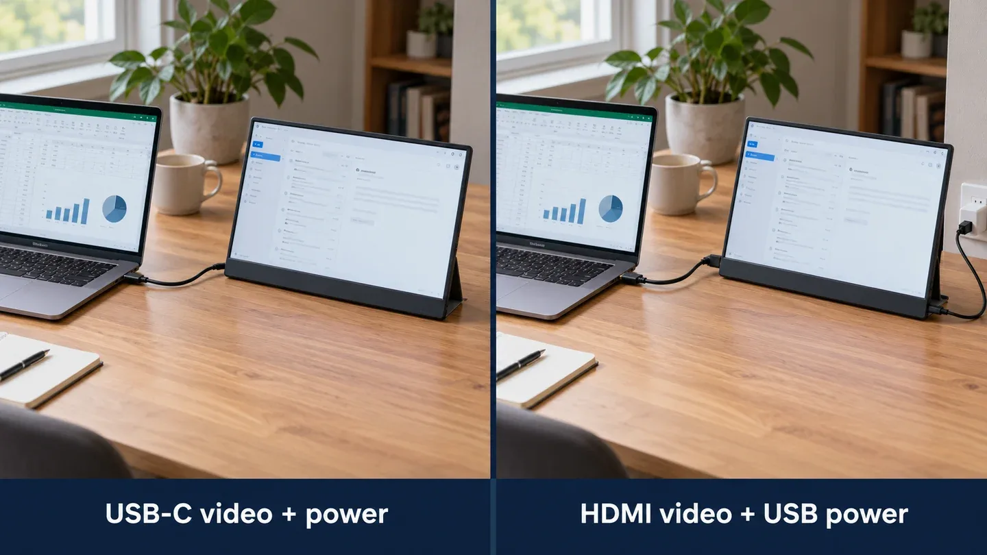 Illustration comparing one USB-C video-and-power connection with HDMI video and separate USB power for a portable monitor