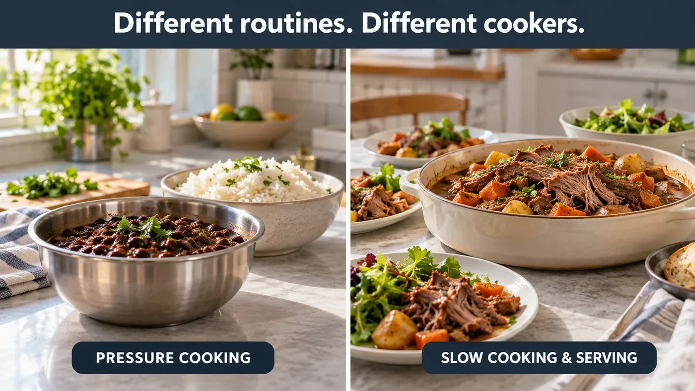 Illustration of beans and rice beside a larger slow-cooked meat meal with family serving plates, comparing different cooking routines