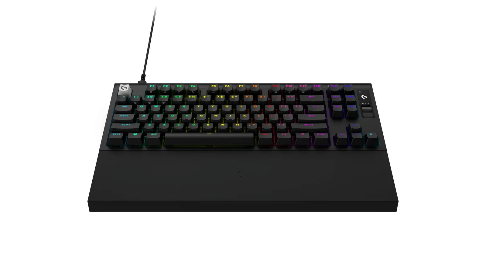 Angled view of the black Logitech PRO X2 RAPID showing the TKL layout, OLED display, wired connection and palm rest