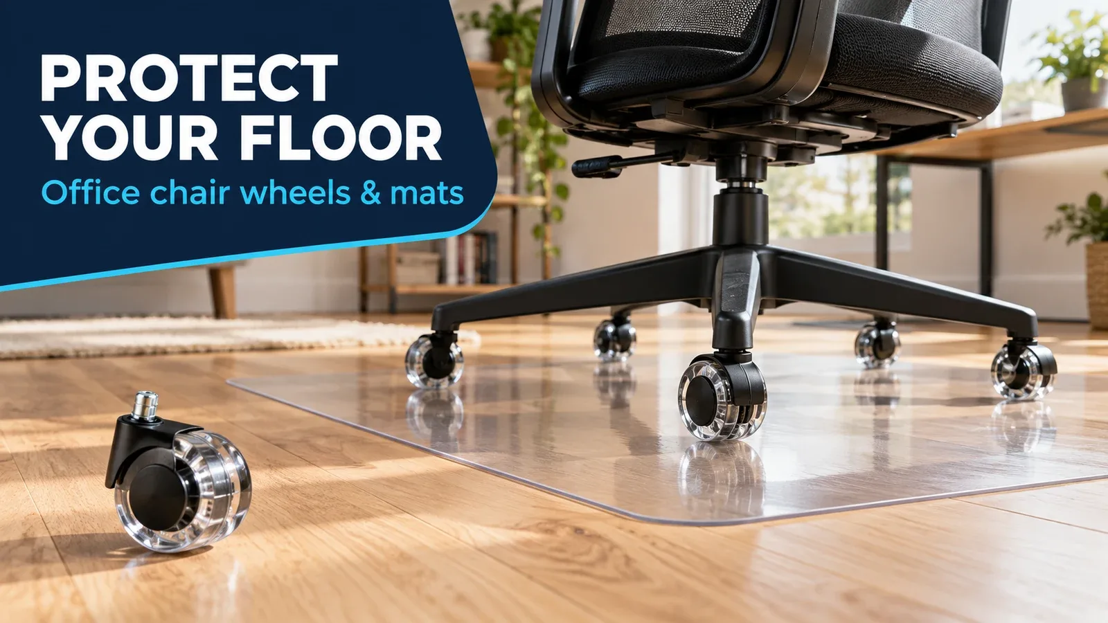 Home office chair on an oak floor beside a clear protective mat and a soft replacement caster.