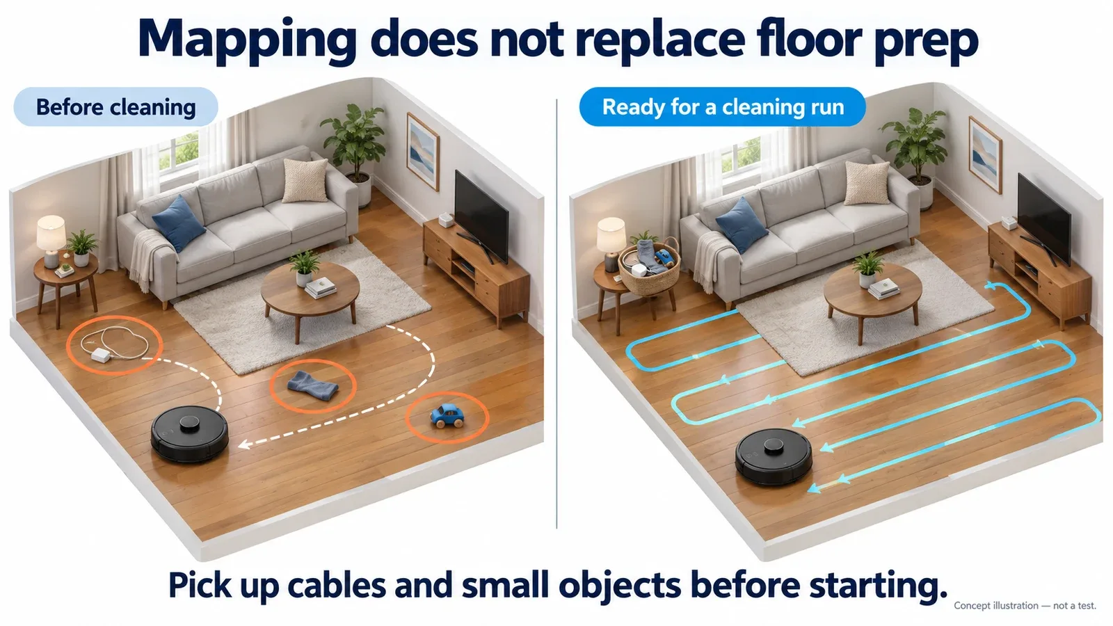 Clear cables, socks and toys from the floor before a LiDAR-mapped robot vacuum run; concept illustration.