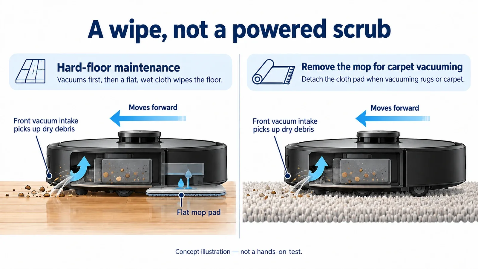 Basic flat mop wiping hard flooring versus removing the attachment for carpet vacuuming; concept illustration.