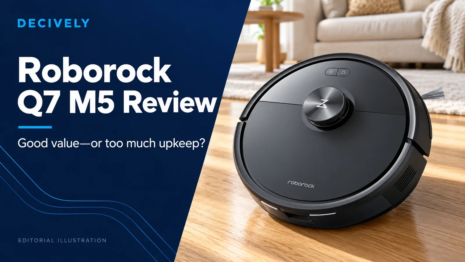 Roborock Q7 M5 review cover showing a black robot on a living-room floor; editorial illustration.
