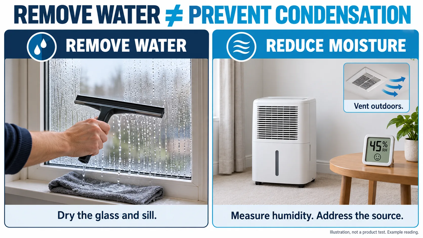 Removing water with a squeegee versus reducing indoor moisture through ventilation and a dehumidifier; conceptual illustration.