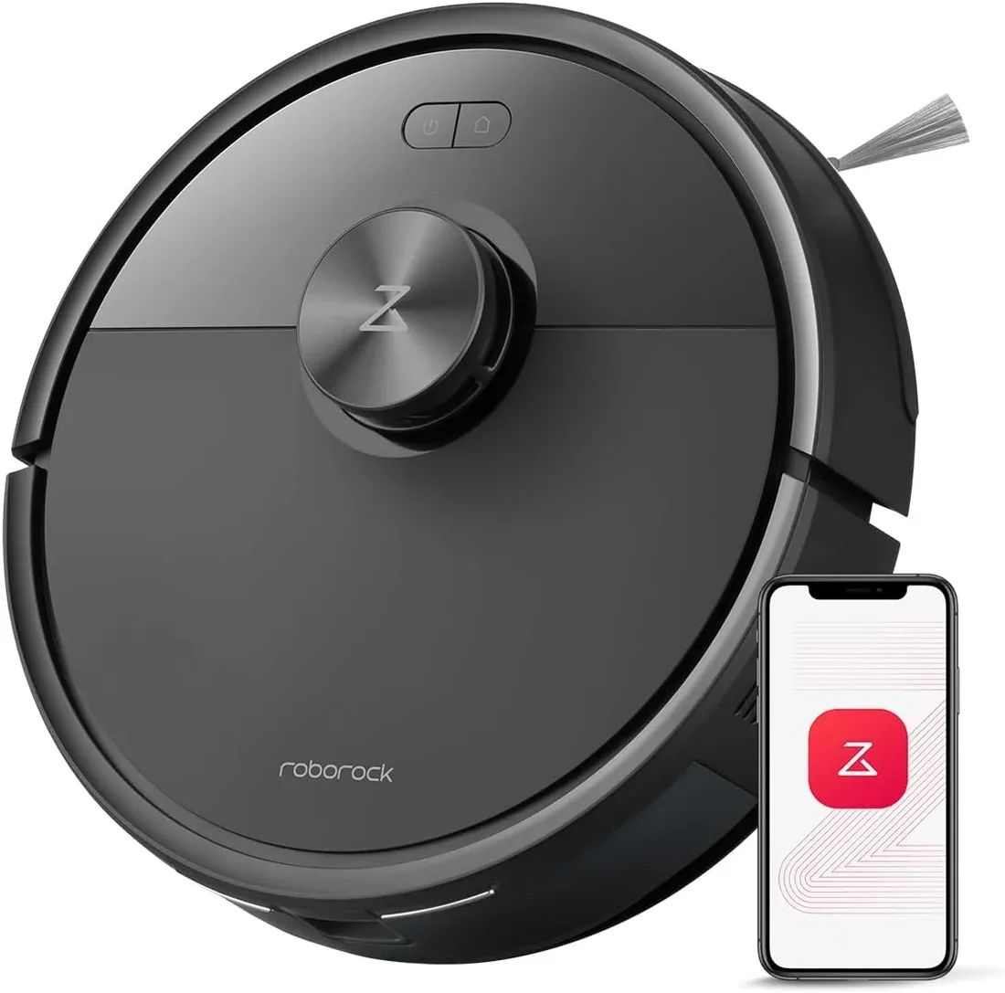 Black Roborock Q7 M5 robot vacuum with app illustration
