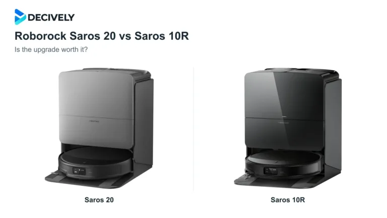 Roborock Saros 20 and Saros 10R robots with their standard docks beside the official Decively logo