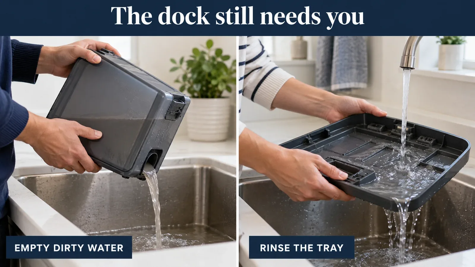 Illustration of emptying a generic robot-vacuum wastewater tank and rinsing a removable cleaning tray