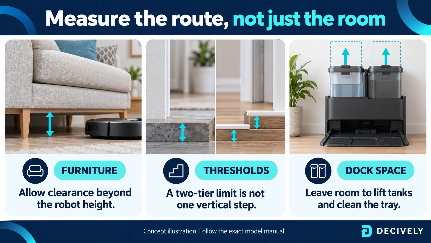 Check furniture clearance, single versus tiered thresholds and water-tank removal space