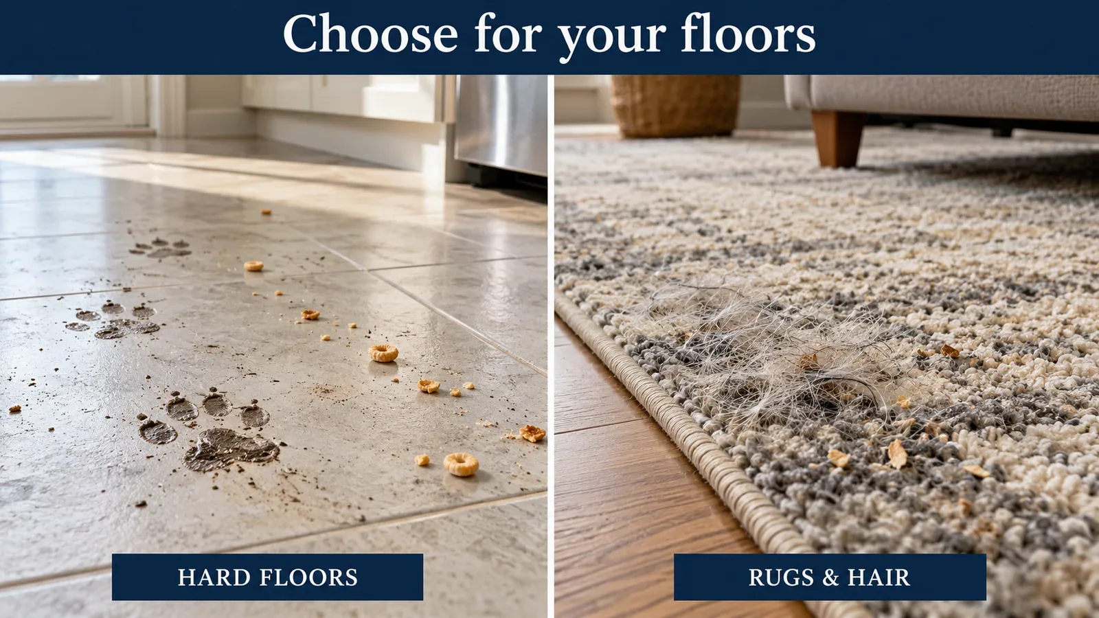 Illustration comparing paw marks on sealed hard floors with pet hair and crumbs on a low-pile rug