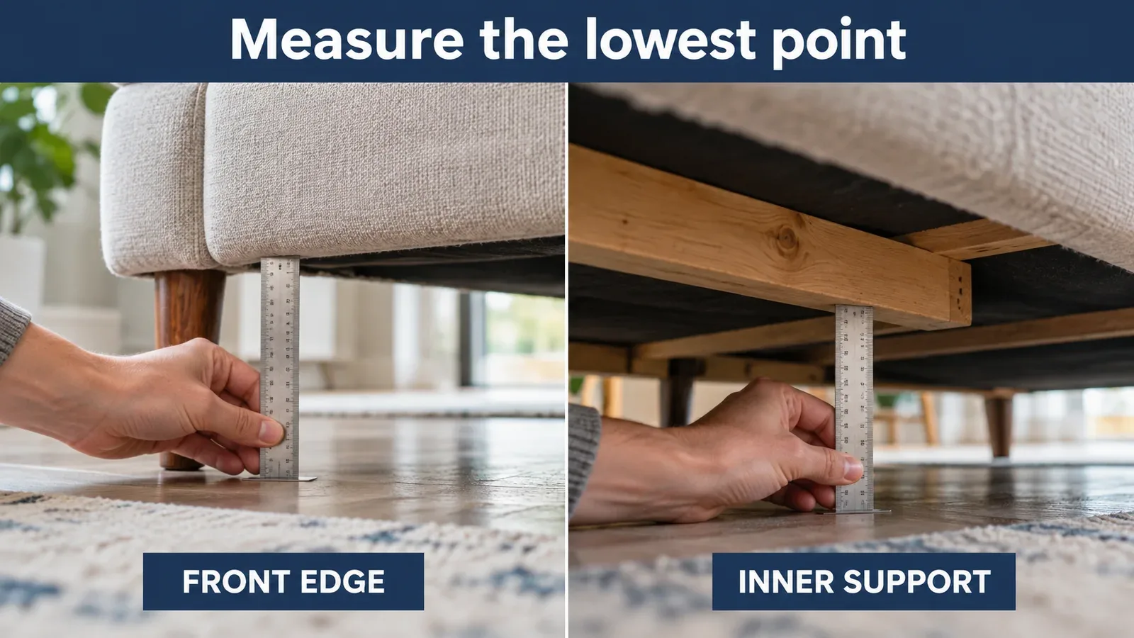 Illustration of measuring a sofa front edge and lower internal support rail to check robot-vacuum clearance