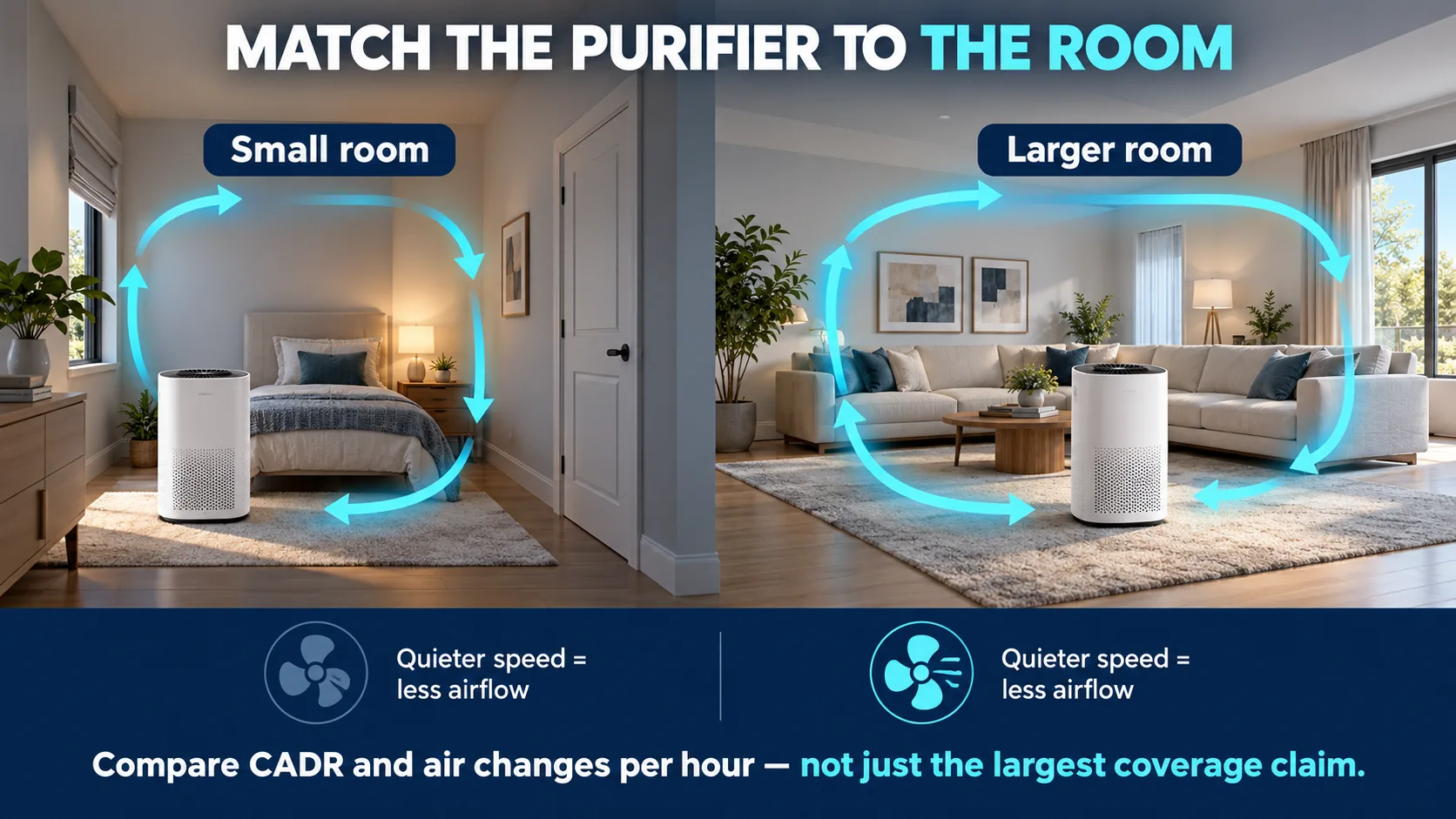 Air purifier room sizing and fan speed affect airflow; concept illustration.