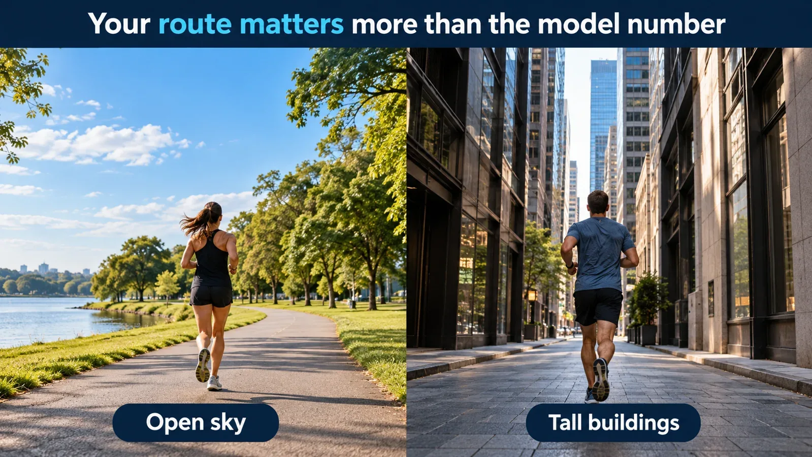 Illustration comparing a runner under open sky with a runner surrounded by tall city buildings