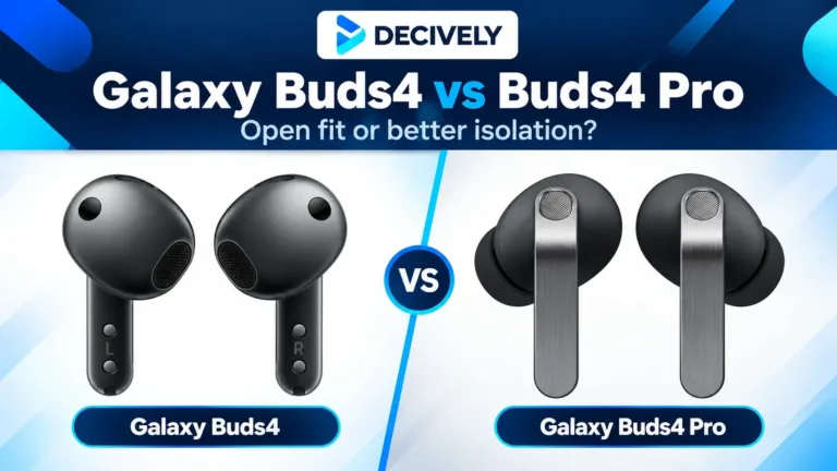 Black Samsung Galaxy Buds4 without silicone tips beside Black Galaxy Buds4 Pro with silicone tips and the official Decively logo.