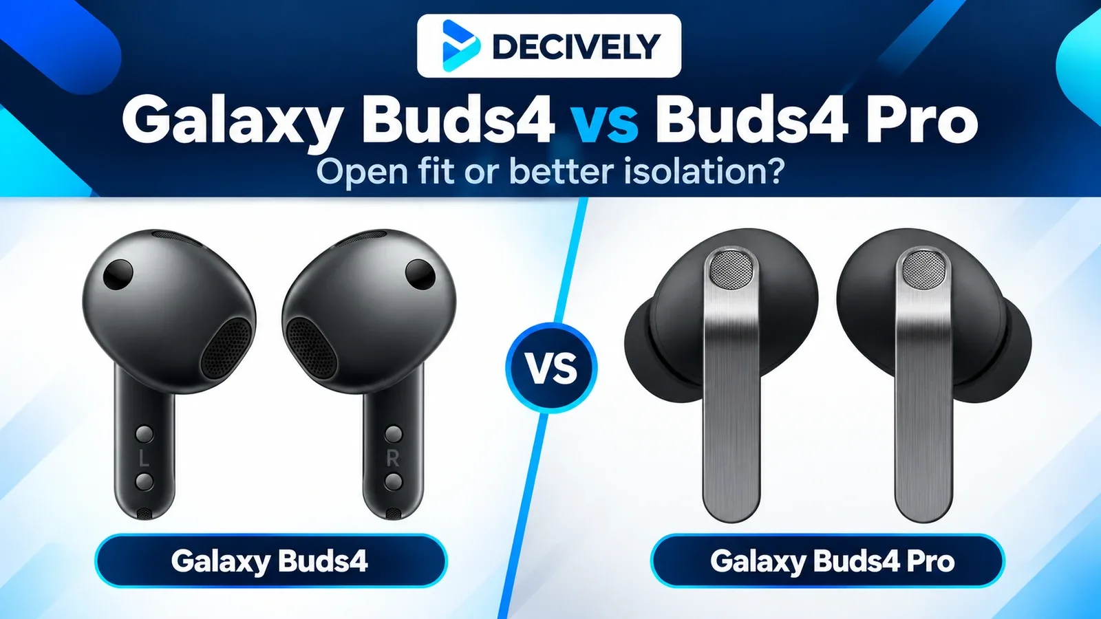 Black Samsung Galaxy Buds4 without silicone tips beside Black Galaxy Buds4 Pro with silicone tips and the official Decively logo.