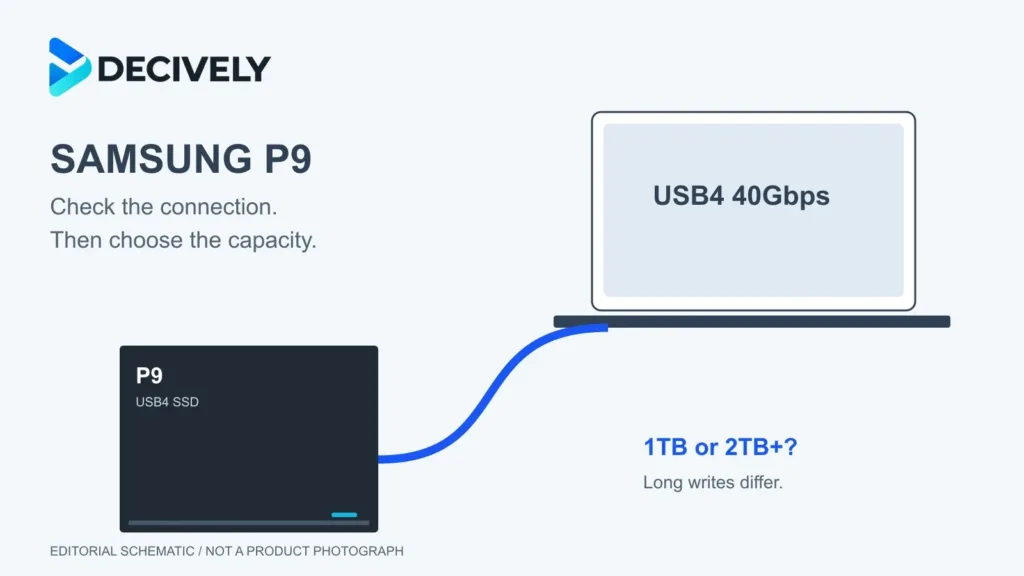 Decively editorial illustration of the Samsung P9 USB4 portable SSD and a laptop connection; not a product photograph.