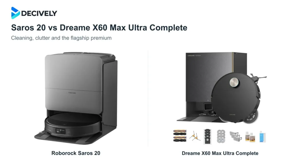 Black Roborock Saros 20 and Dreame X60 Max Ultra Complete robots with their docks, Dreame accessories and the official Decively logo
