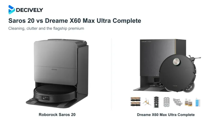 Black Roborock Saros 20 and Dreame X60 Max Ultra Complete robots with their docks, Dreame accessories and the official Decively logo