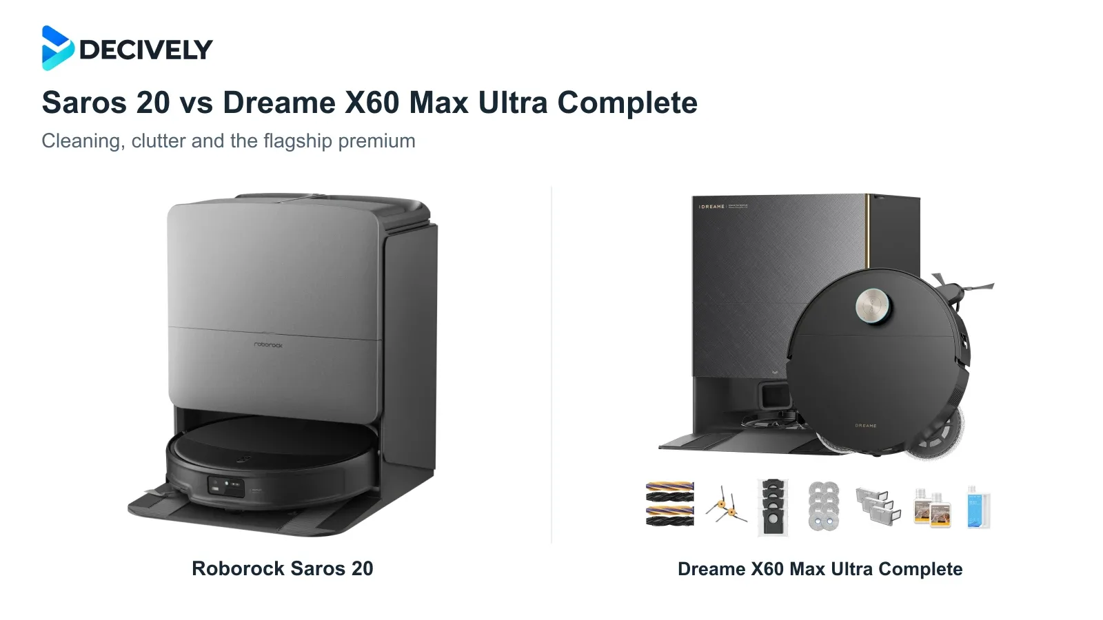 Black Roborock Saros 20 and Dreame X60 Max Ultra Complete robots with their docks, Dreame accessories and the official Decively logo