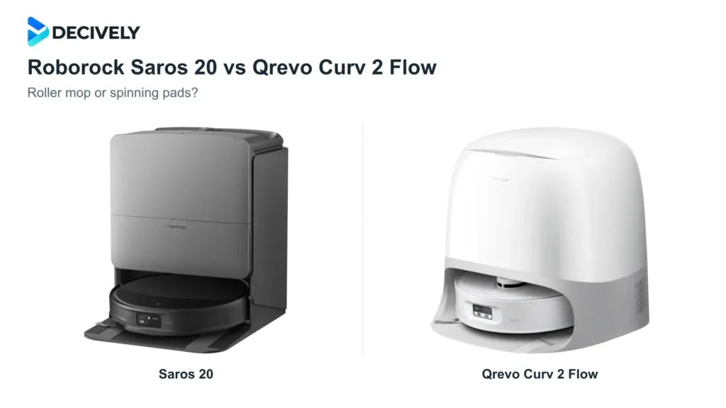 Black Roborock Saros 20 and white Qrevo Curv 2 Flow robots and docks with the official Decively logo