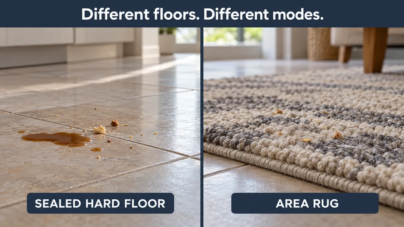 Illustration comparing a coffee spill on sealed kitchen tiles with dry crumbs and pet hairs on an area rug.