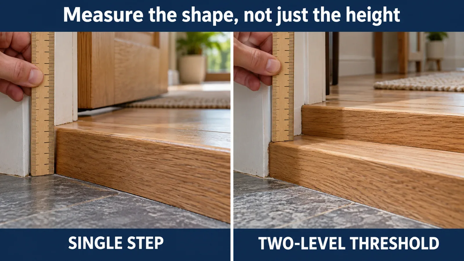 Illustration of a single doorway step and a two-level threshold with rulers beside the rises