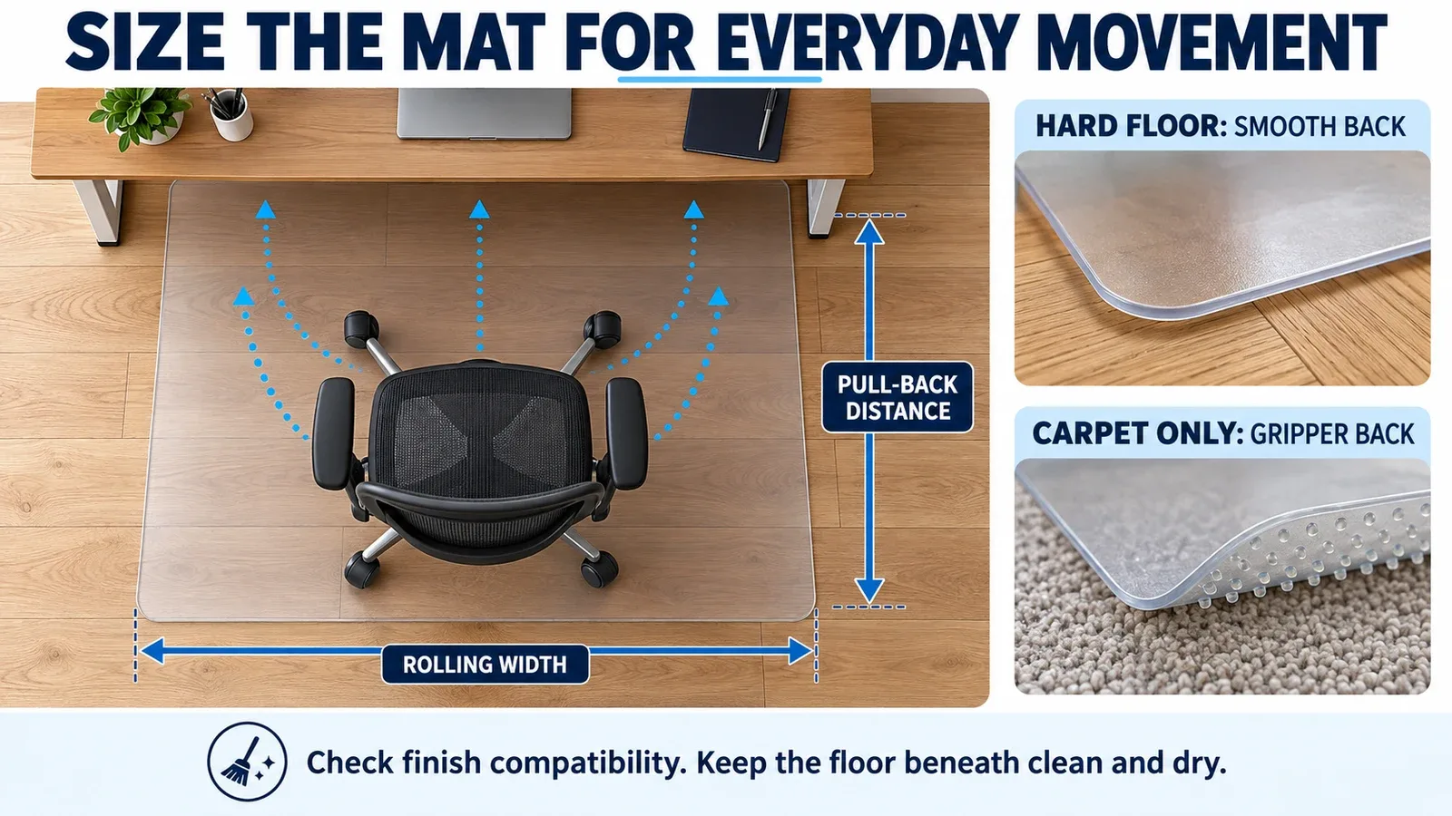 Illustration of a hard-floor chair mat sized for rolling width and pull-back distance, with smooth-back versus carpet-gripper examples.