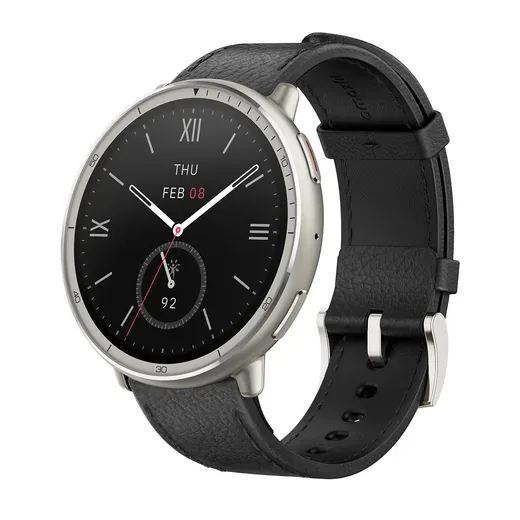 Amazfit Active 2 Premium with a black leather strap