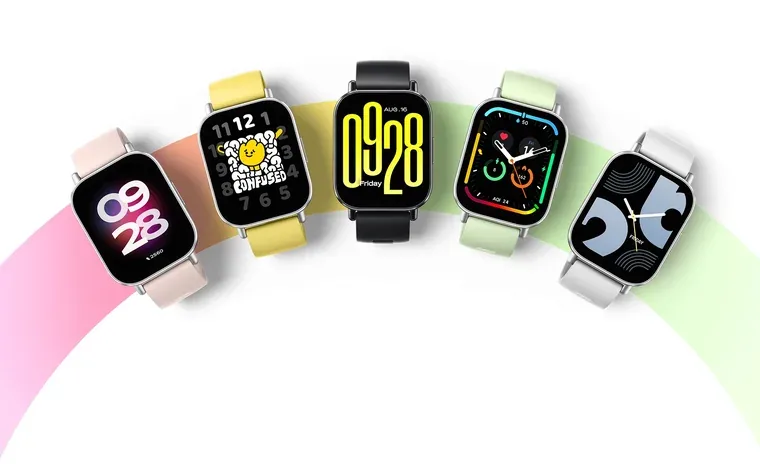 Redmi Watch 5 Active in five strap colours, with the black version in the centre