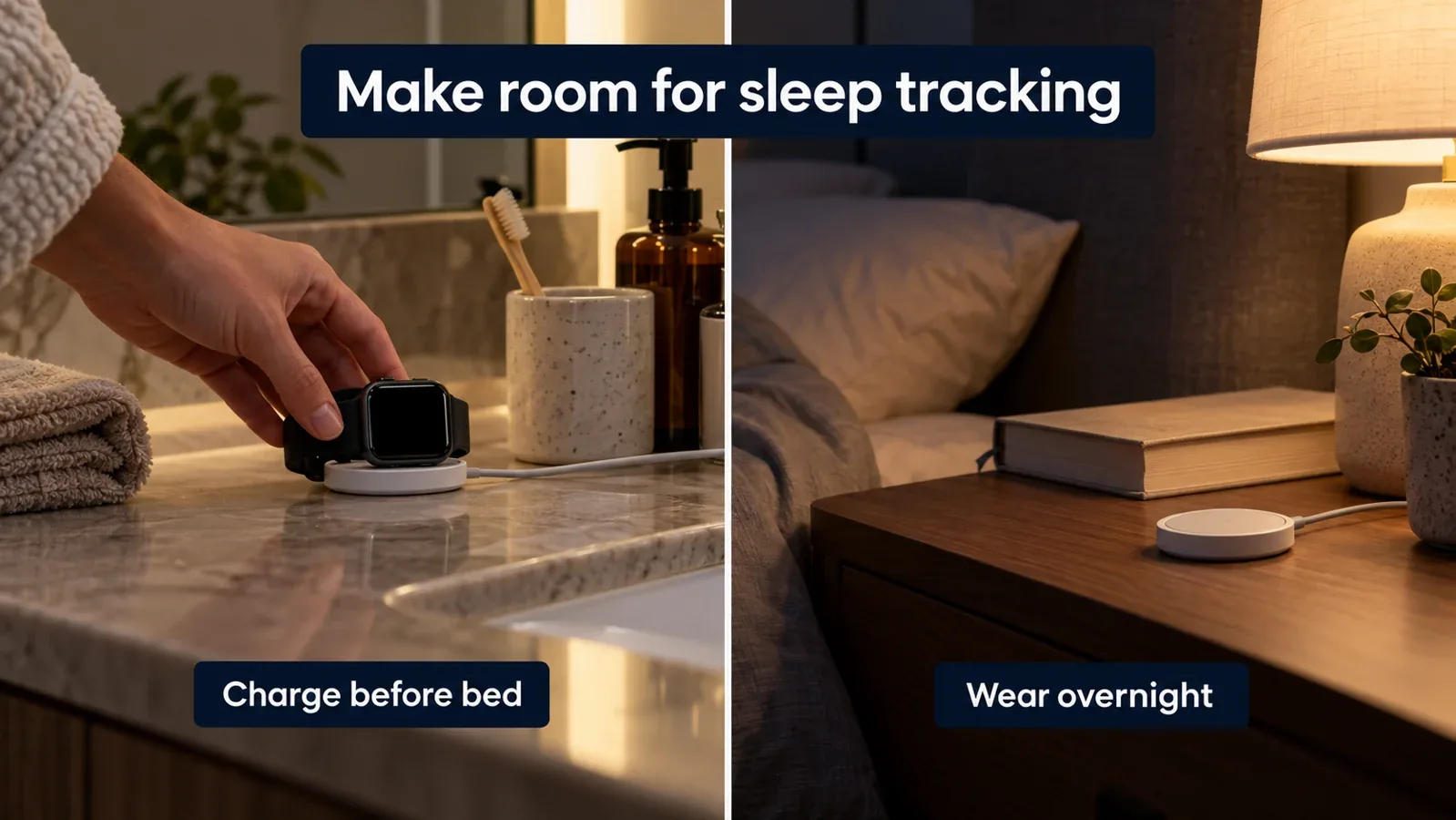 Illustration of charging a smartwatch before bed so it can be worn for overnight sleep tracking