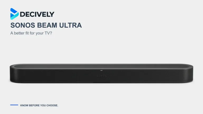 Black Sonos Beam Ultra soundbar in an official product render with the Decively logo.