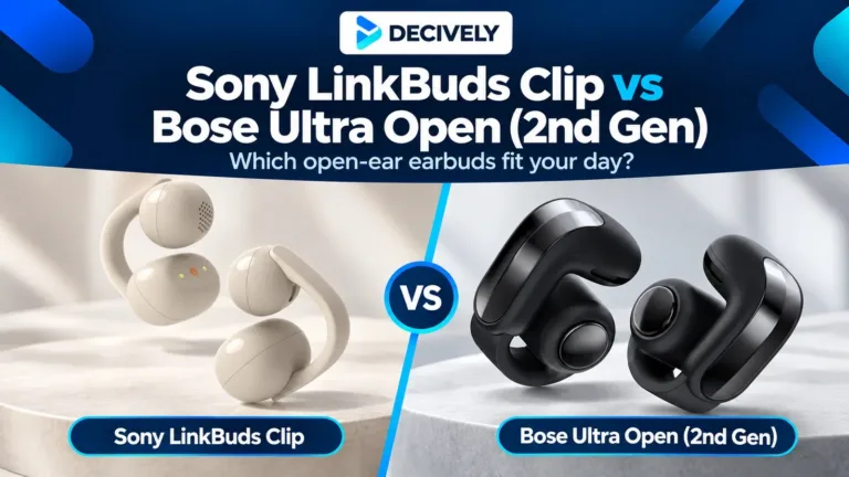 Greige Sony LinkBuds Clip and Black Bose Ultra Open Earbuds second generation, with Decively branding