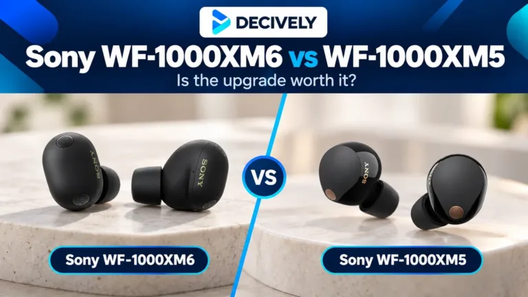 Black Sony WF-1000XM6 and WF-1000XM5 earbuds side by side with the Decively logo