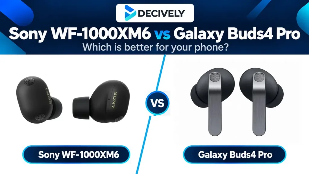 Sony WF-1000XM6 Black and Samsung Galaxy Buds4 Pro Black, side by side with the official Decively logo.
