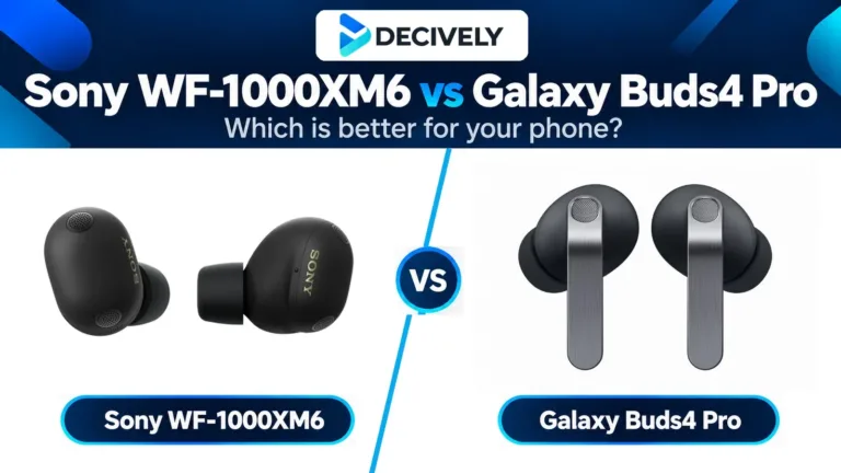 Sony WF-1000XM6 Black and Samsung Galaxy Buds4 Pro Black, side by side with the official Decively logo.