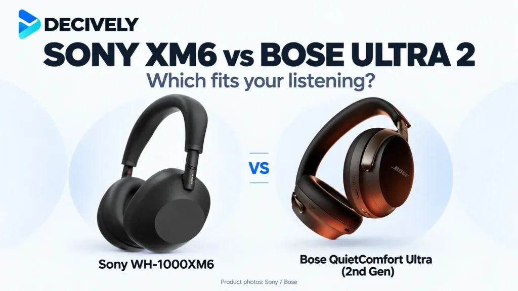 Sony WH-1000XM6 and Bose QuietComfort Ultra Headphones 2nd Gen in black — Decively comparison.