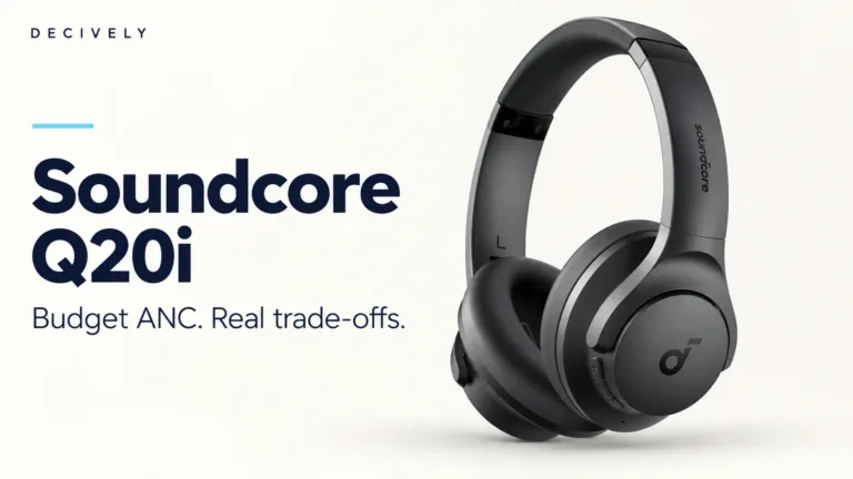 Black Soundcore Q20i over-ear headphones in a Decively buying-guide composition.