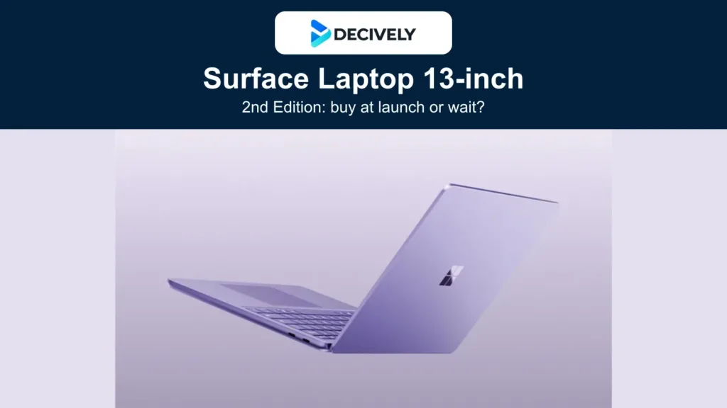 Official Microsoft Surface Laptop 13-inch second-edition product image in Violet, framed with the actual Decively logo.
