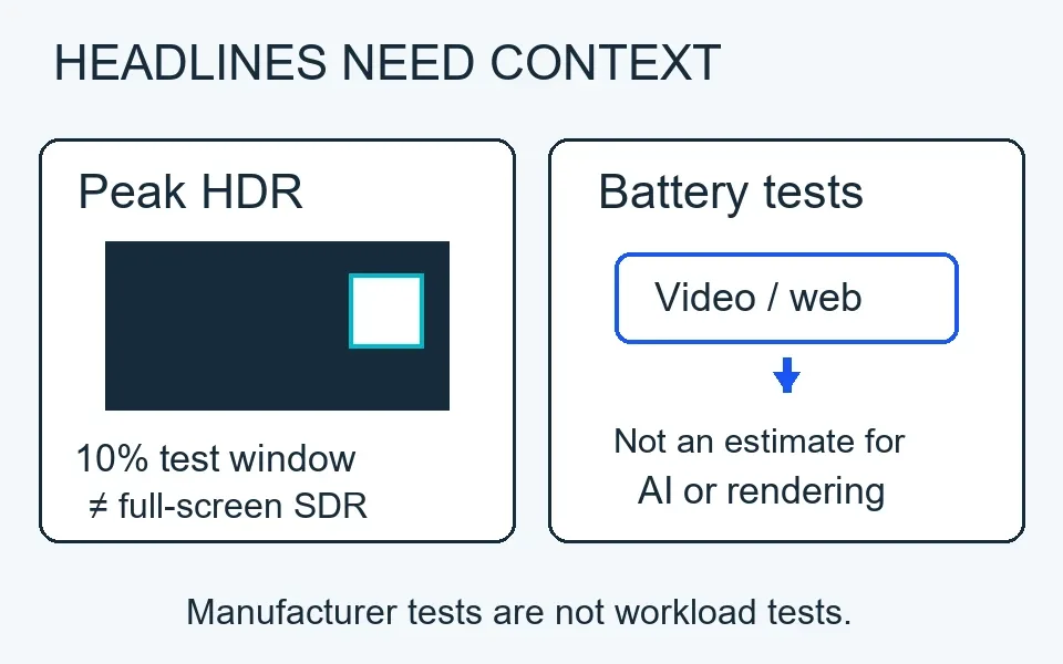 Peak HDR brightness measured over a small window and battery tests using video or web browsing do not establish full-screen brightness or AI workload endurance